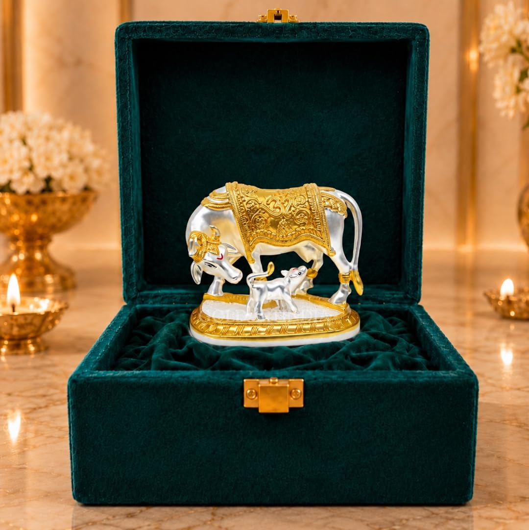 Gold Art India Kamdhenu Cow with Calf Idol | 999 Silver Plated & 24KT Gold Plated | Two Tone Matte Finish | Premium Peacock Green Velvet Gift Box | Vastu Cow Statue for Home Temple & Spiritual Gifting