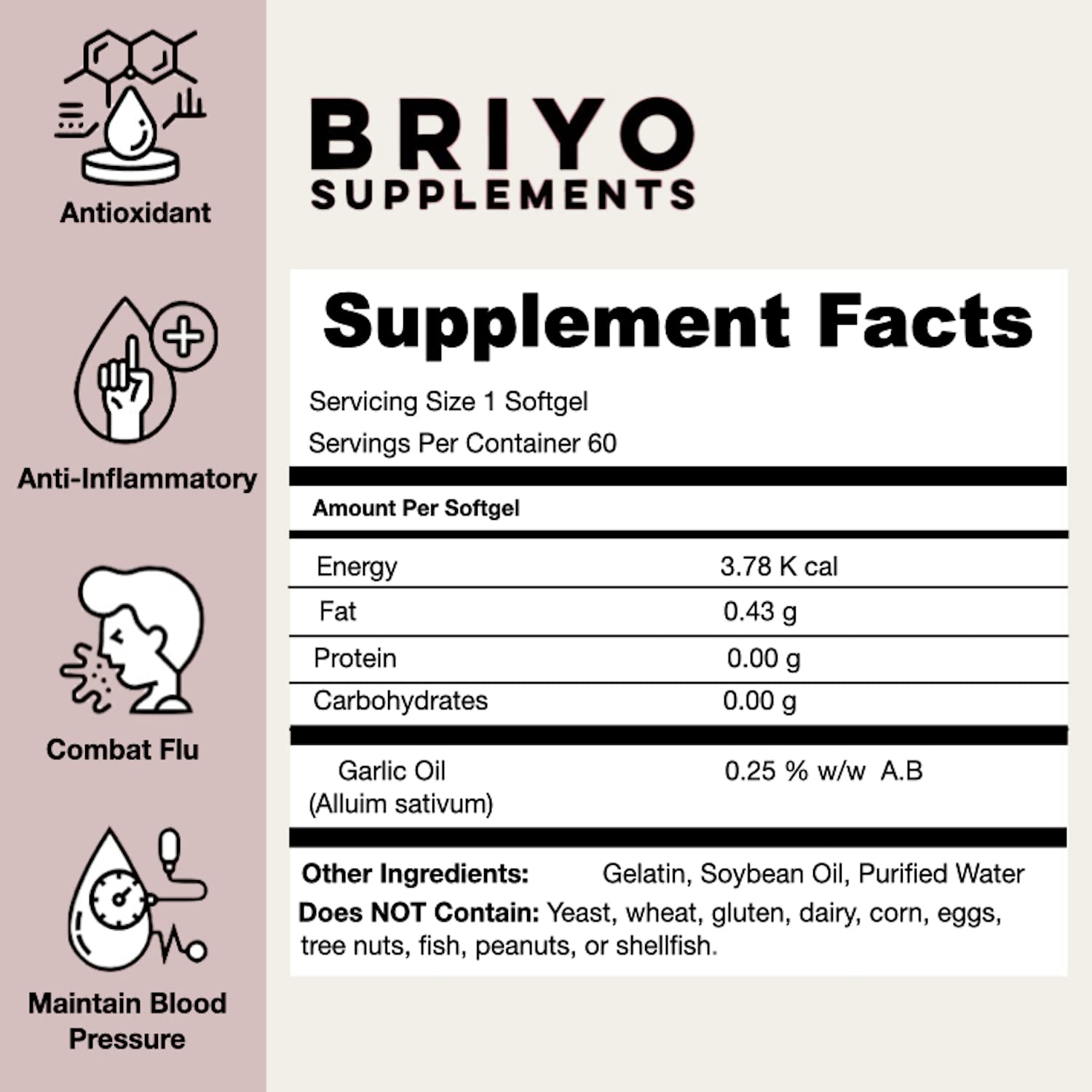 Briyo Supplements label with supplement facts and icons on a white background