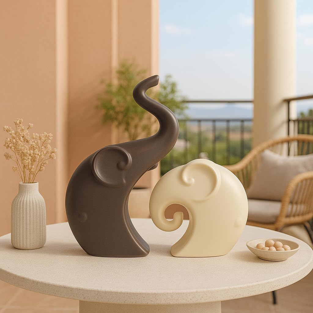 Lavish  Matte Home Décor Elephant Set | Ceramic Figurines - (Set of 2 piece, Brown Cream)