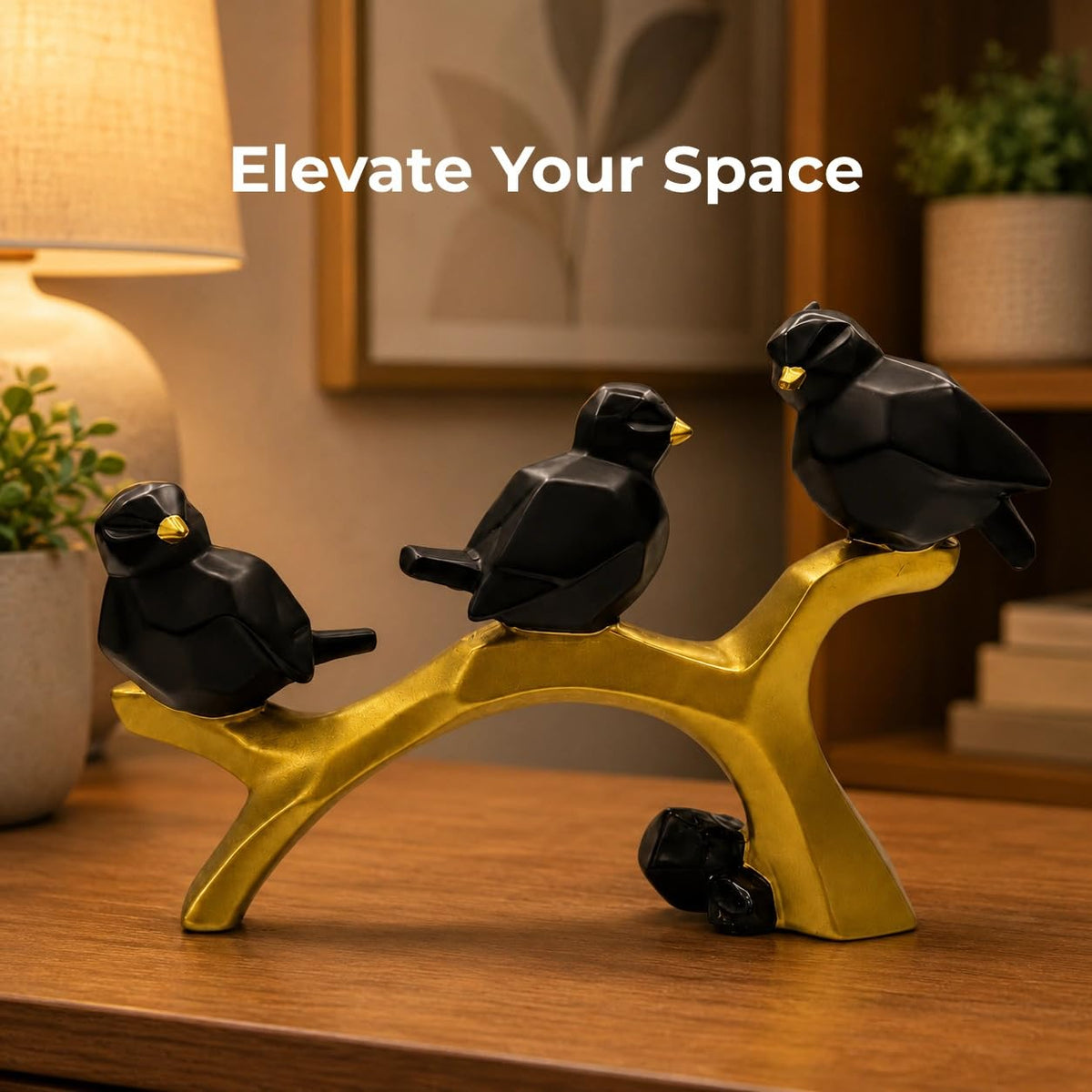 Charming Birds Sculpture Showpiece for Home & Office Décor | Modern Nature-Inspired Figurine for Living Room, Study Table, Shelf & Console Styling - Black and Gold