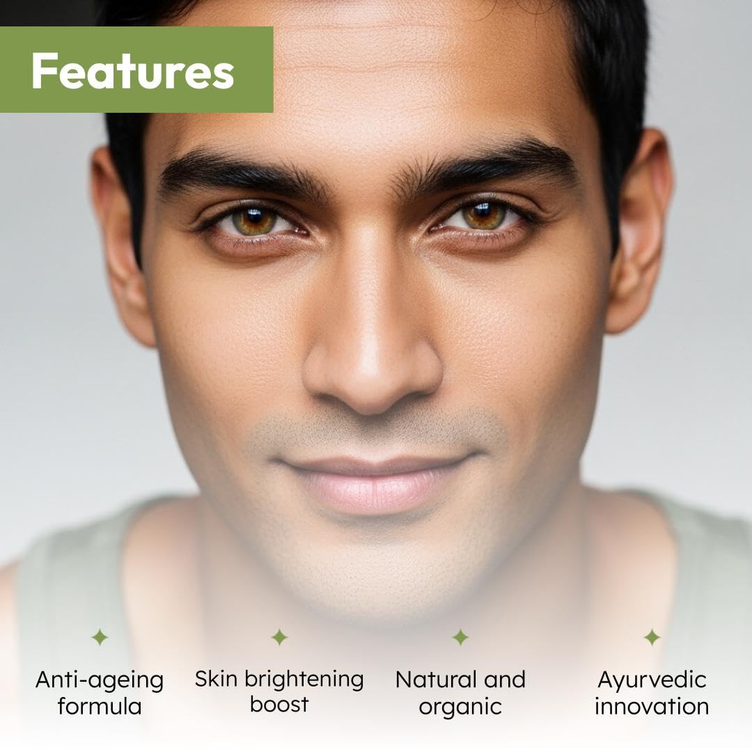Close-up of a man's face with text highlighting features on a gray background