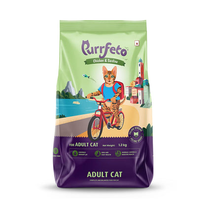 Purrfeto Adult Dry Cat Food | Chicken & Sardine | 1.2 kg |40% Reduction in Urinary Track Diseases |Anti Hairball Formula |Healthy Skin & Coat |Improves Digestive Health