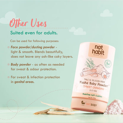 Nat Habit Shwet Chandan Kusha Baby Powder | Talc-Free, Rash-Free Dusting Powder for Newborns & Kids (0 to 5 Yrs) | Cornstarch Baby Powder for Summer, Face & Body | Ayurvedic Baby Puff Powder 150g