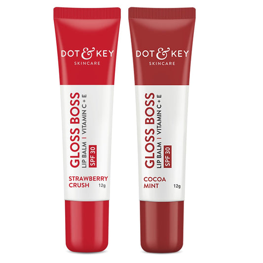 Zephivo Dot & Key Gloss Boss Lip Duo | Strawberry Crush SPF 30 Lip Balm 12gm & Cocoa Mint SPF 30 Lip Balm 12gm | Sun Protected Tinted Lip Balm for Women | Fades Pigmentation | Moisturizes Dry & Flaky Lips
