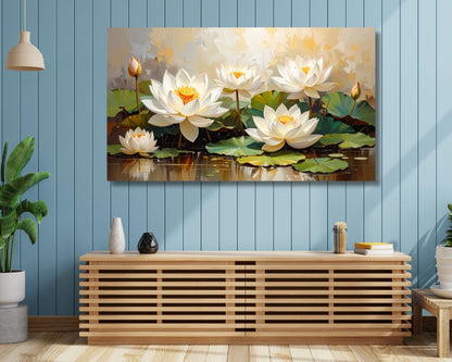 White Lotus Wall Painting Big Size ( UNFRAMED - Rolled Canvas Print only ) – Artistic Lotus Painting for Wall Vastu Landscape, Lotus Flower Painting for Living Room, Bedroom & Home, Luxury Lotus Canvas Painting