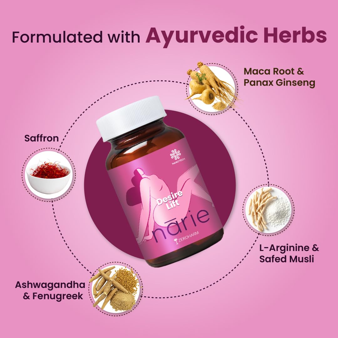 ZEROHARM Narie Desire Lift | with Maca Root, Ginseng, Ashwagandha, Safed Musli, L-Arginine for Intimate Wellness, Confidence, & Energy for Women - Plant Based Supplement - 60 Nano Formulated Capsules