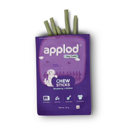 Applod Blueberry & Chicken Chew Sticks for Puppies & Adult Dogs | Soft & Chewy Training Treats for All Breeds | Healthy Easy-to-Chew Dog Snacks | 70g