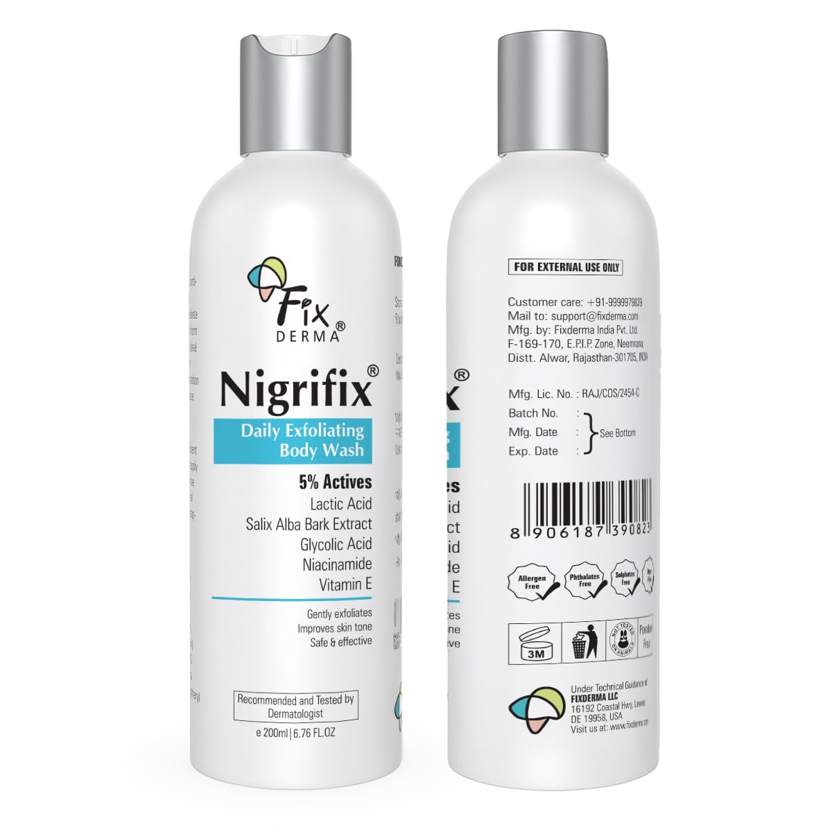 Fixderma Nigrifix Exfoliating Body Wash with 5% Actives (Lactic Acid, Glycolic Acid, Niacinamide Acid & Vitamin E) | Gentle Exfoliating Shower Gel | Improves Skin Tone | Body Wash Shower Gel - 200ml