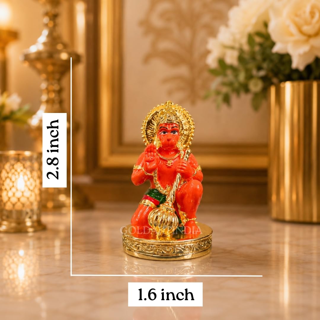 Gold Art India Hanumanji Sitting with Gada Gold Plated Hanuman Statue for Car Dashboard, Hanuman ji murti for Home Decor, Office Shelves, and Gifts