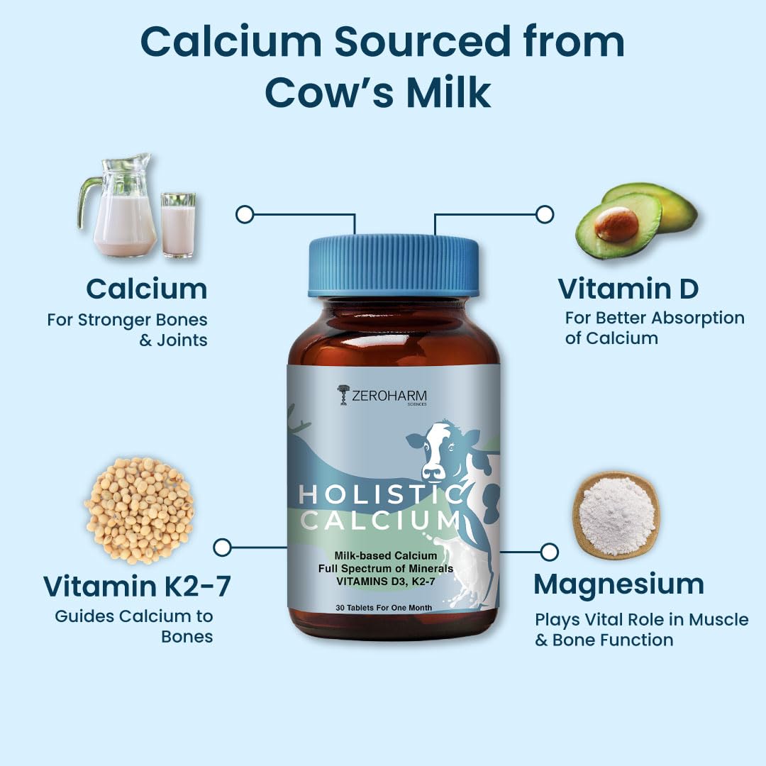 ZEROHARM Holistic Calcium Tablets – High Absorbption Milk-Based Calcium Supplement with Vitamin D3, K2-7, Magnesium, Phosphorous – Supports Bone Strength & Joint Health For Men & Women – 60 Tablets