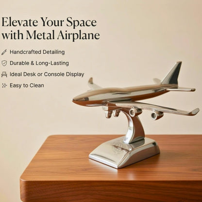 Brass Jet Plane On Stand Table Top Decorative Showpiece for Home Decor & Office Table and Gifting. (Silver)