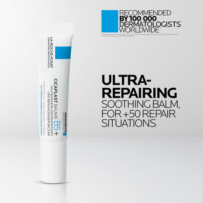 La Roche-Posay Cicaplast B5 Ultra-Repairing Soothing Balm on a white background with text about dermatologists' recommendation.