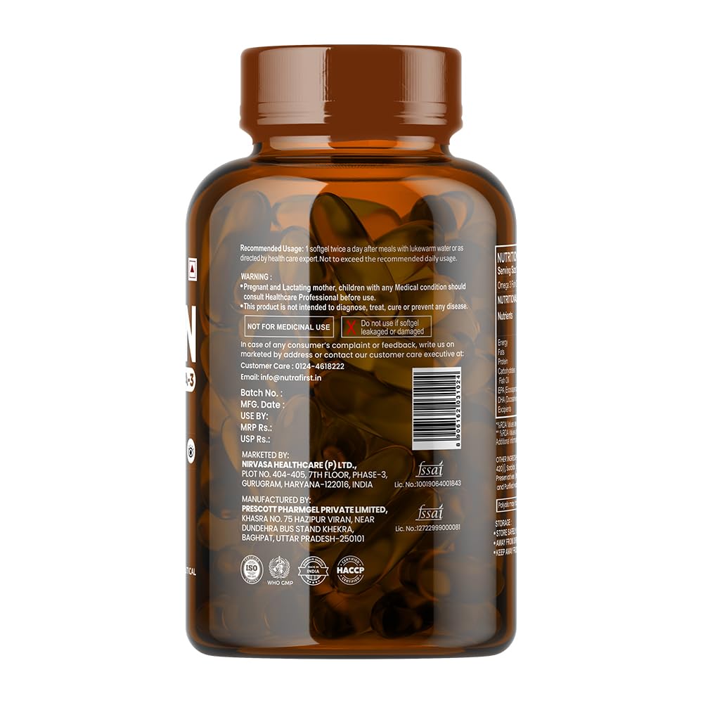 Nutrafirst Salmon Fish Oil Omega-3 Capsules (60 Softgels) (1000mg) | EPA 180mg & DHA 120mg | Supports Heart, Brain, Eye & Joint Health | No Fishy Burps | For Men & Women
