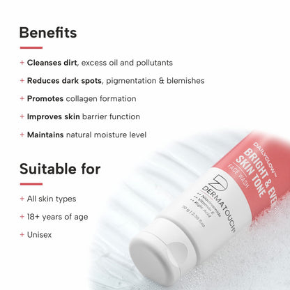 DERMATOUCH Bright & Even Tone Face Wash with Niacinamide, Vitamin E and Kojic Acid | Daily Gentle Face Cleanser For Tan, Pigmentation, Uneven Tone, Dark Spot Removal - 70G