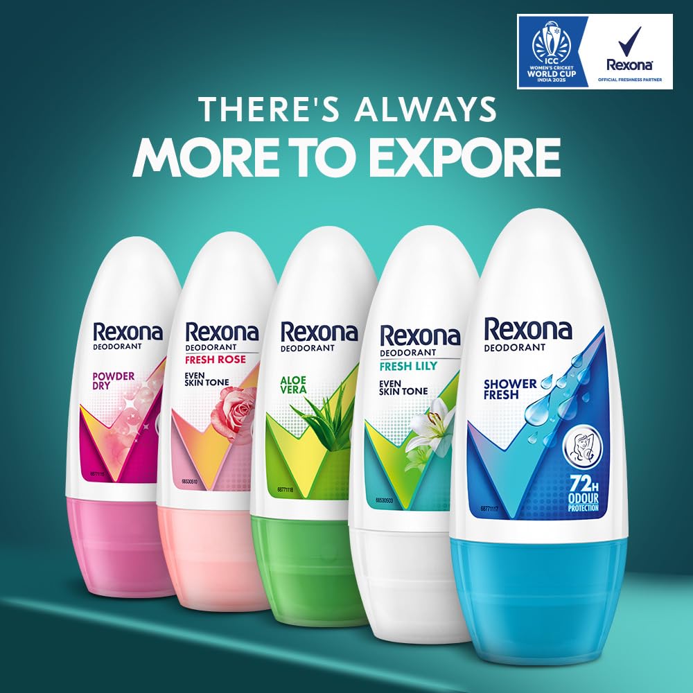 Five Rexona deodorant bottles on a teal background with 'There's Always More to Explore' text.
