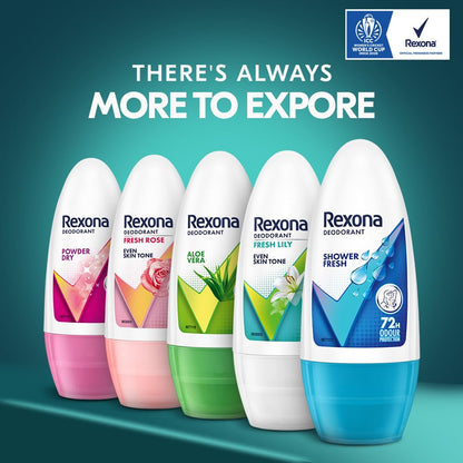 Five Rexona deodorant bottles on a teal background with 'There's Always More to Explore' text.