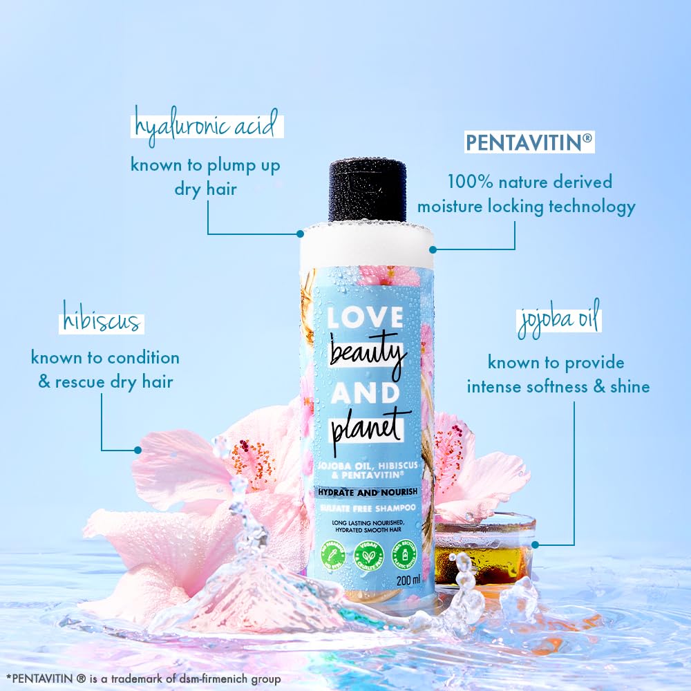 Love Beauty and Planet shampoo bottle with ingredients highlighted on a blue background