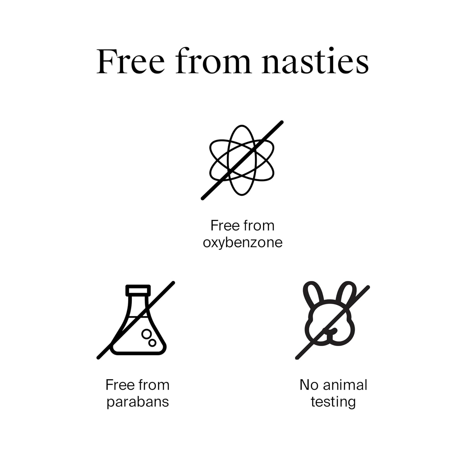 Icons indicating free from oxybenzone, parabens, and no animal testing on a white background.