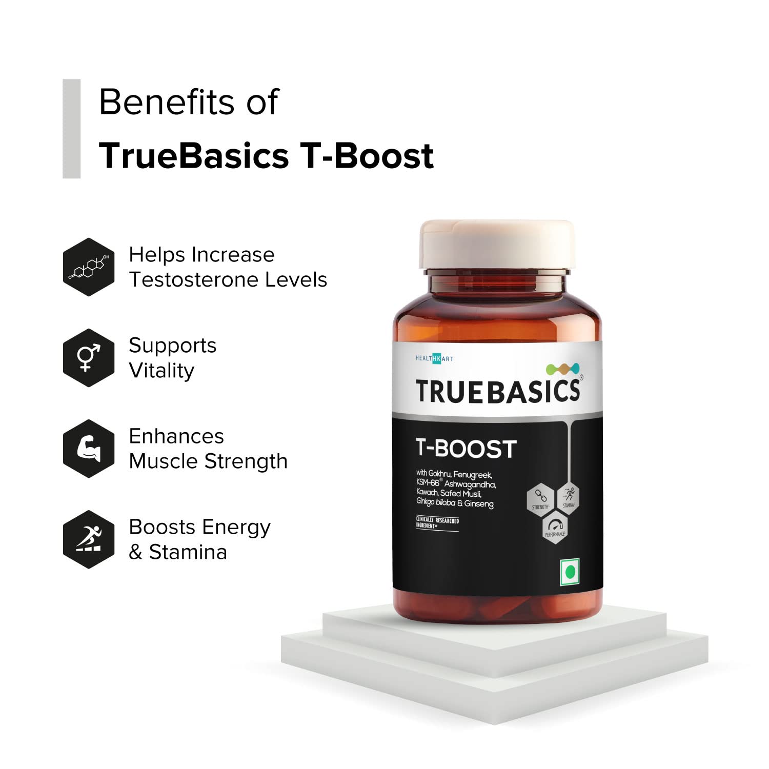 TrueBasics T-Boost supplement bottle with benefits listed on a white background
