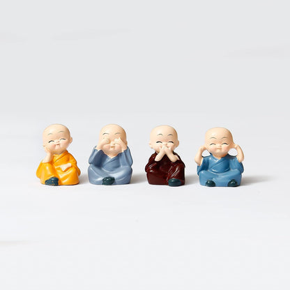 eCraftIndia Think No Evil, Speak No Evil, Hear No Evil, See No Evil Set of 4 Baby Monk Buddha Statue with Hat Decorative Showpiece for Home Office Decor & Gift