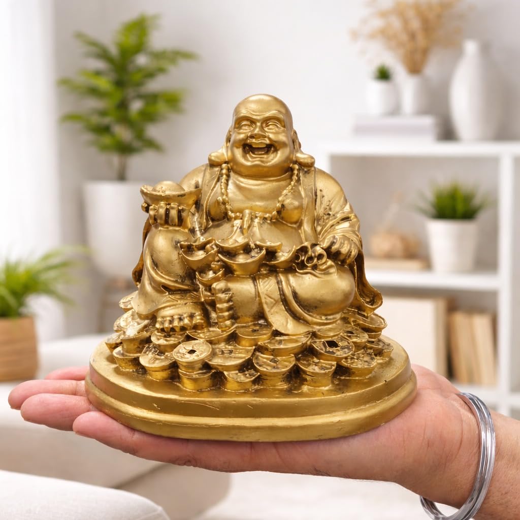 Laughing Buddha Statue for Gift, Home Decor & Good Luck |Feng Shui Buddha Idol for Wealth, Prosperity & Positivity|Vastu Showpiece Item for Office & Living Room (5 Inches | Resin | Golden)