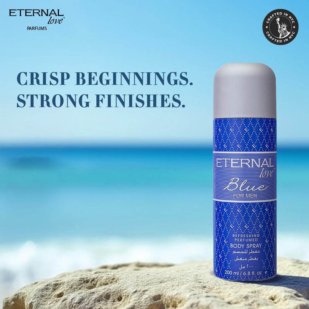 Body spray bottle with 'Eternal Love' branding on a beach background