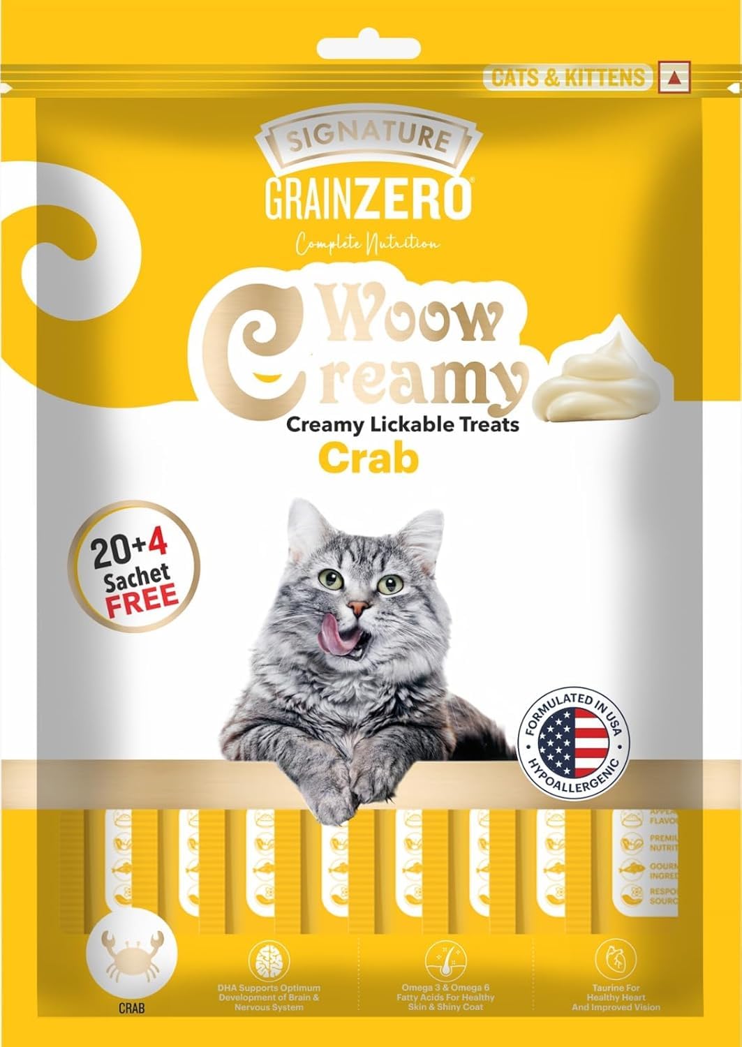 Grain Zero Creamy Lickable Cat Treats Crab, 360 Gm - 20 Sachet + 4 Free | Rich in Protein, Promotes Hydration, No Artificial Preservatives | Best for Training and Bonding |