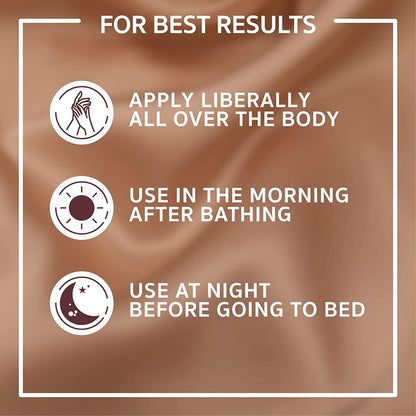 Instructions for applying a product liberally all over the body, using it in the morning after bathing, and at night before going to bed on a brown background.