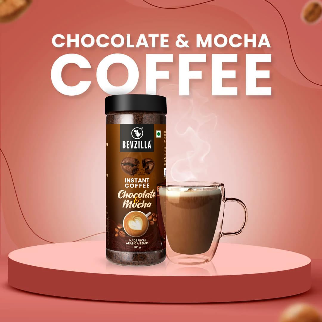 Bevzilla Chocolate & Mocha (Choco-Mocha) Instant Coffee Powder Jar – 200g | Arabica Beans with Chocolaty Twist | Perfect for Espresso, Latte & Cappuccino | Enjoy Hot & Cold Brews