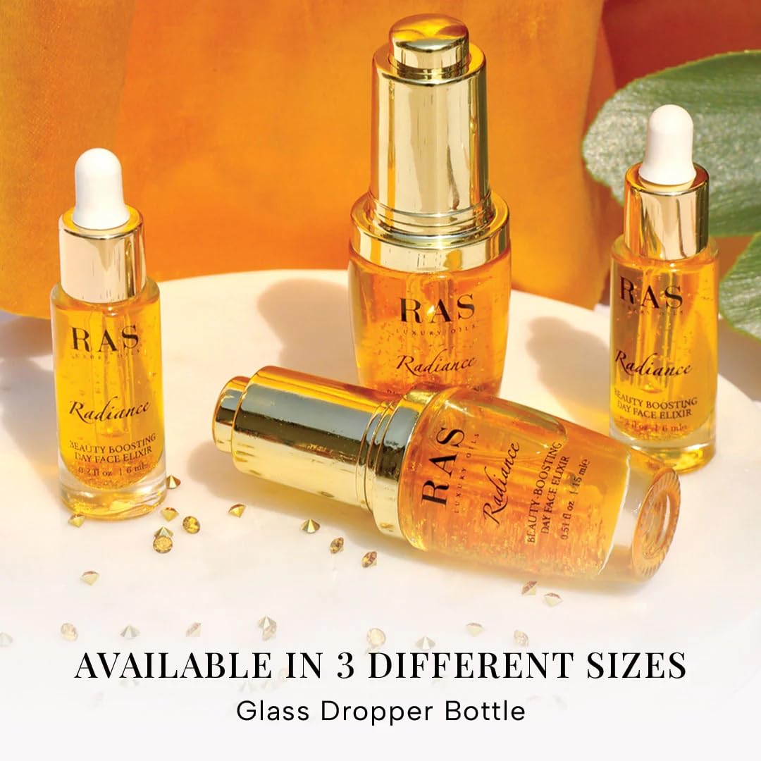 Four RAS Radiance skincare bottles on a light background