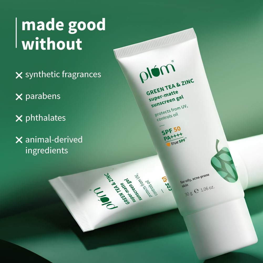 Plum Green Tea & Zinc Super-Matte Gel Sunscreen SPF 50 PA ++++ 30 g | Formulated for Oily, Combination and Acne Prone Skin | Protects & Controls Oil | Lightweight, No White Cast & Non-Sticky