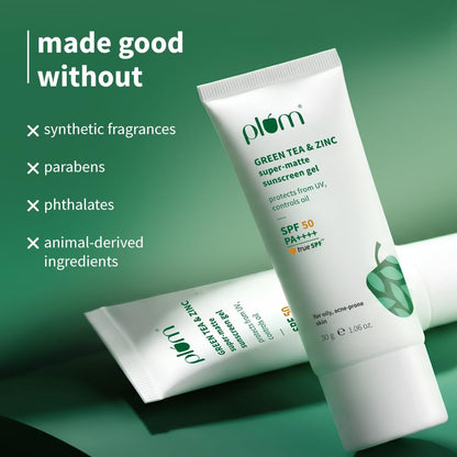 Plum Green Tea & Zinc Super-Matte Gel Sunscreen SPF 50 PA ++++ 30 g | Formulated for Oily, Combination and Acne Prone Skin | Protects & Controls Oil | Lightweight, No White Cast & Non-Sticky