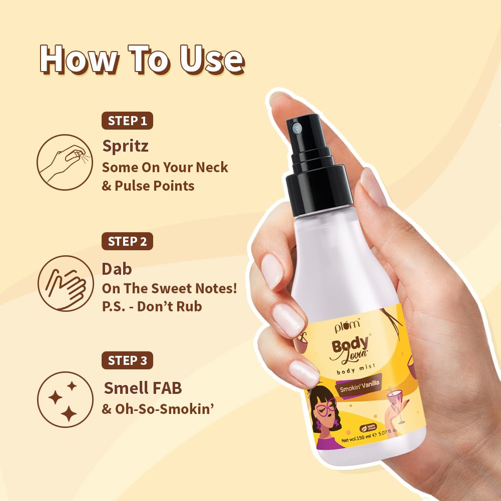 Plum BodyLovin' Smokin' Vanilla Body Mist | Long Lasting Spicy Fragrance for Women & Men With Honeysuckle, Musk | High on Fun | Travel-Friendly Perfume Spray 150 ml