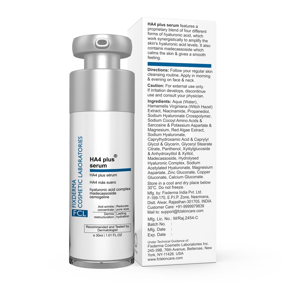 FIXDERMA COSMETIC LABORATORIES 5% Hyaluronic Acid Ha4 Plus Serum For Dry Skin, Serum For Open Pores Reduces Fine Lines And Wrinkles, Improves The Elasticity Of The Skin - 30ml (Pack Of 1)