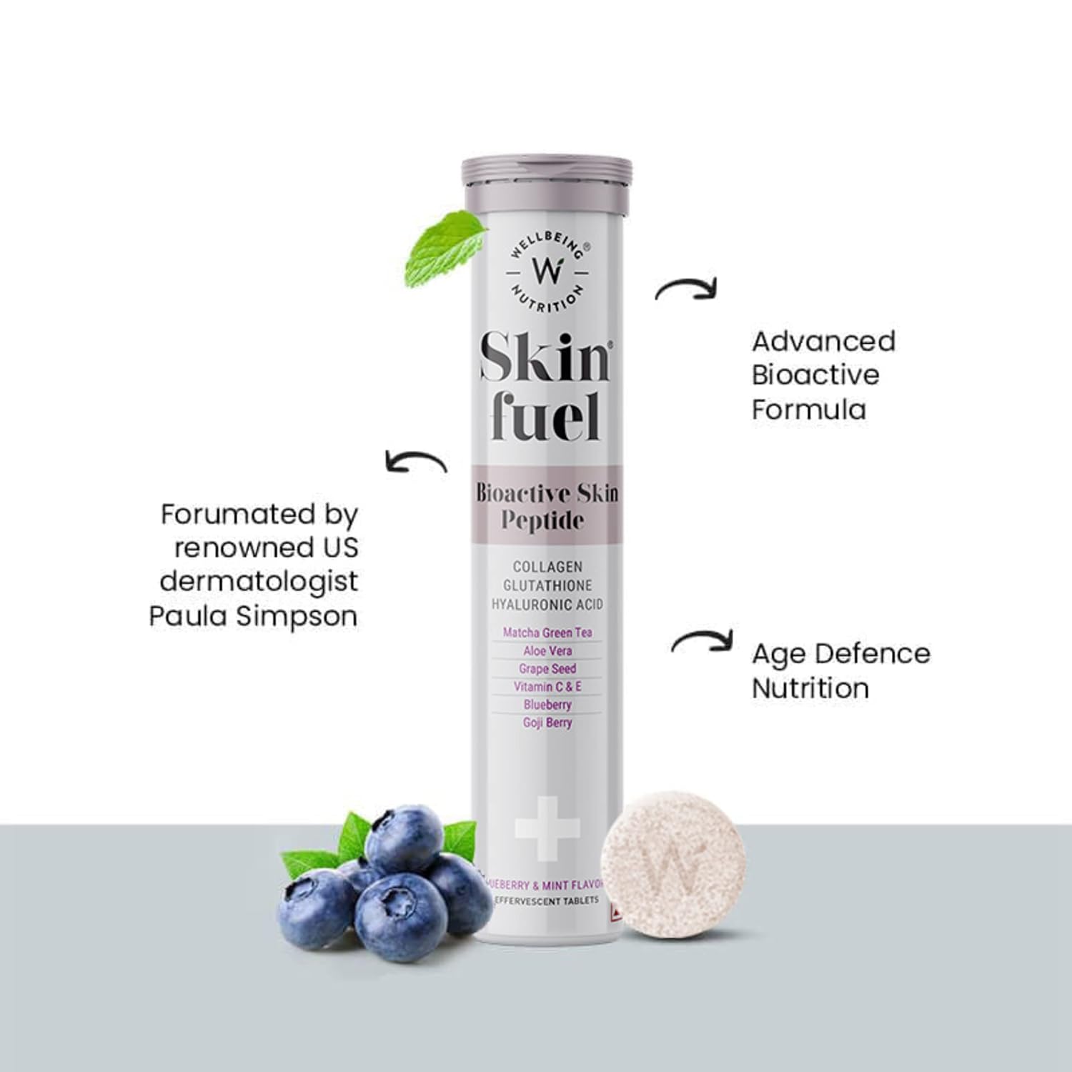 Zephivo Wellbeing Nutrition Skin Fuel | Glutathione & Collagen Tablets | Skin Glow and Radiance for Men & Women | Hyaluronic Acid, Grape Seed, Vitamin E (15 Effervescent Tablets)