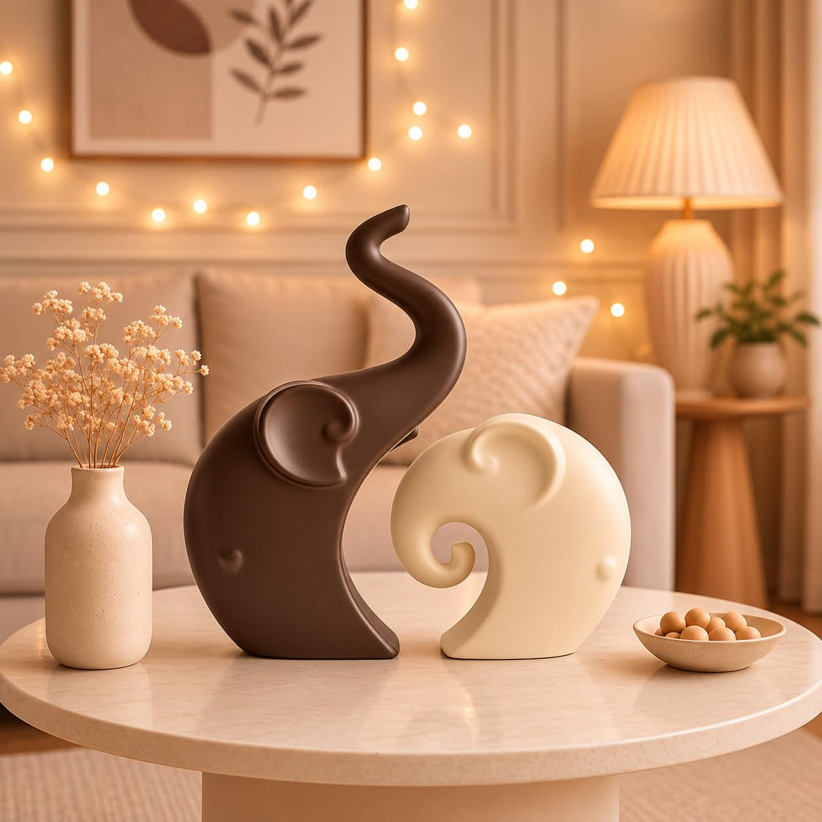 Lavish  Matte Home Décor Elephant Set | Ceramic Figurines - (Set of 2 piece, Brown Cream)