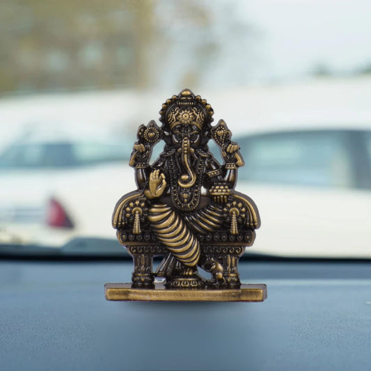 Sri Ganesh Ganpati Sitting on Chowki Idol for Car Dashboard – Brass Finish Ganesh Ji Statue Spiritual Gift for Car, Home & Office (S943-BRS)