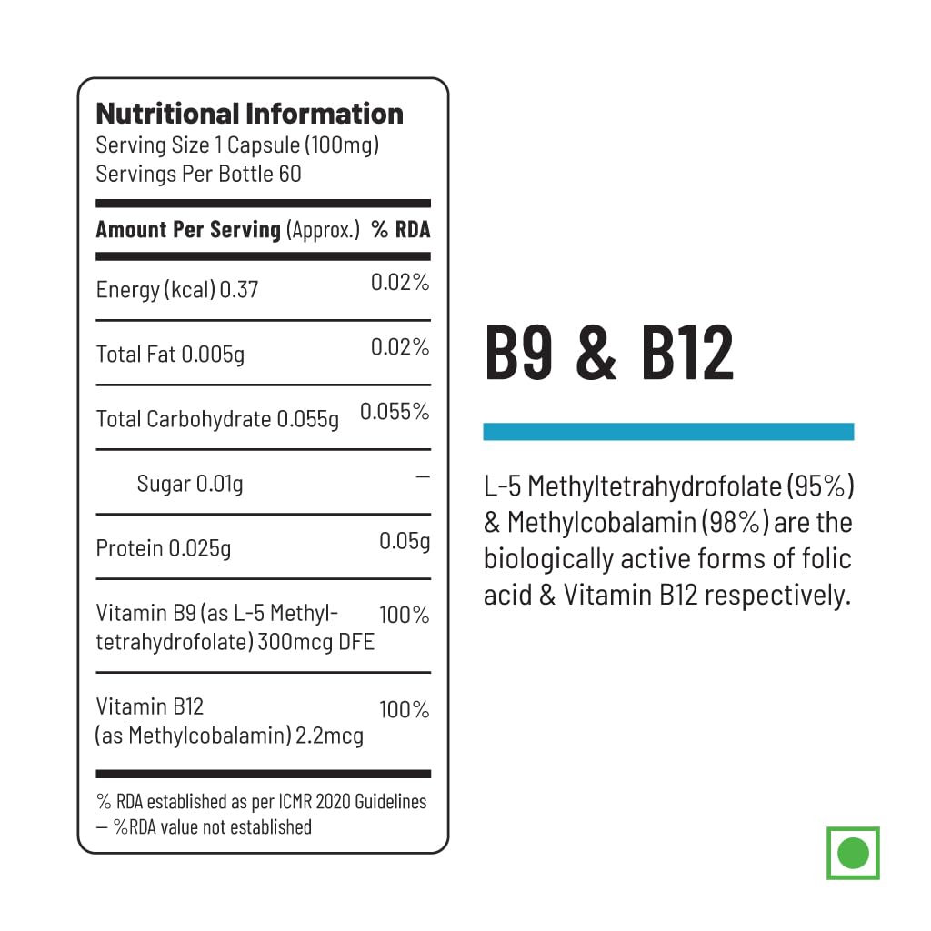 Zephivo Unived Vitamin B12 Veg, Methylcobalamin (98%), with Methyltetrahydrofolate (5-MTHF), Brain Cells & Nerve Tissue Support, 180 Vegan Capsules
