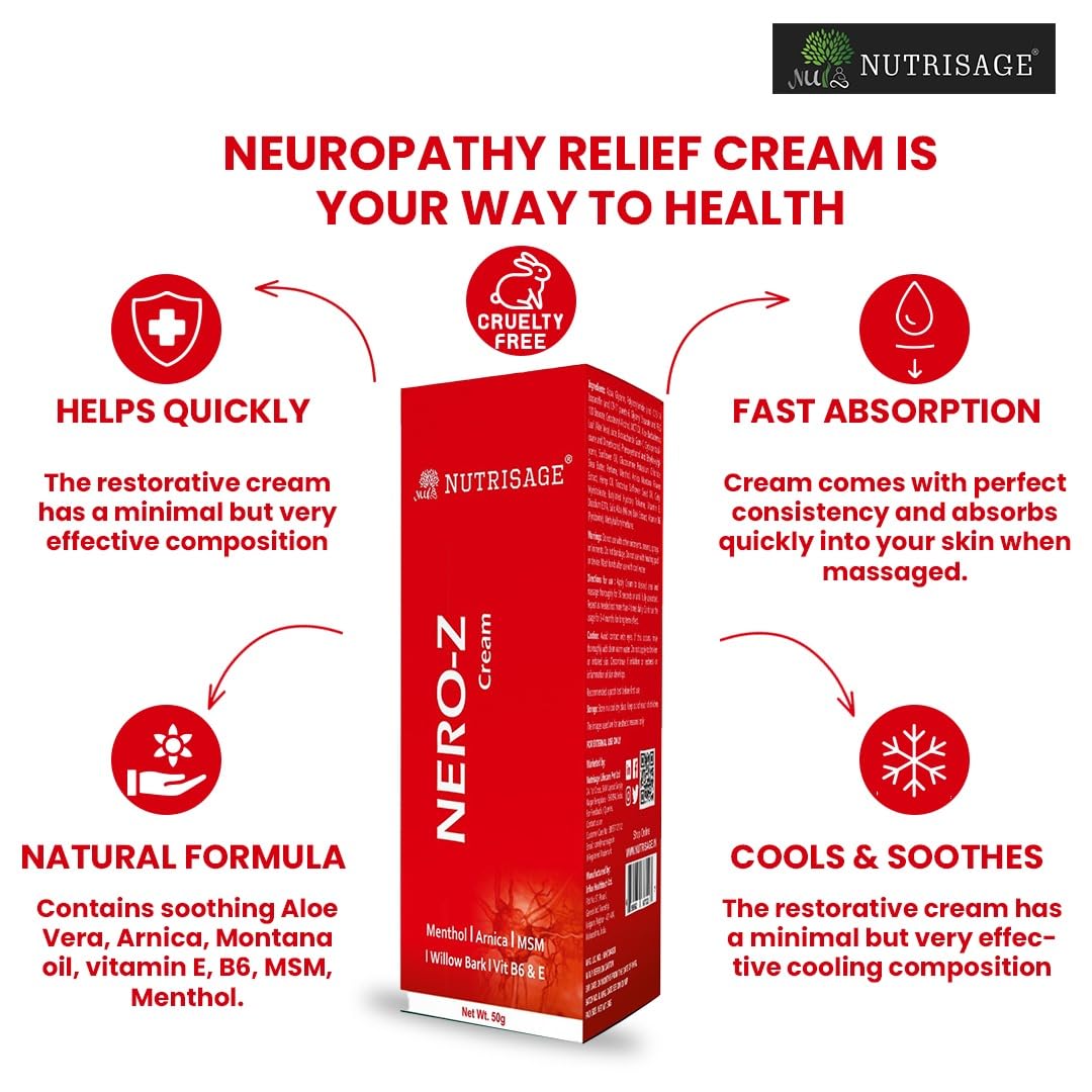 Nero-Z Neuropathy Nerve Relief Cream - Fast Acting Max Relief for Feet, Hands,Legs,Toes,Back-Ultra Strength Menthol,Arnica, Aloe Vera,MSM,Soothing Natural Nerve Comfort, Paraben-Free 50 g