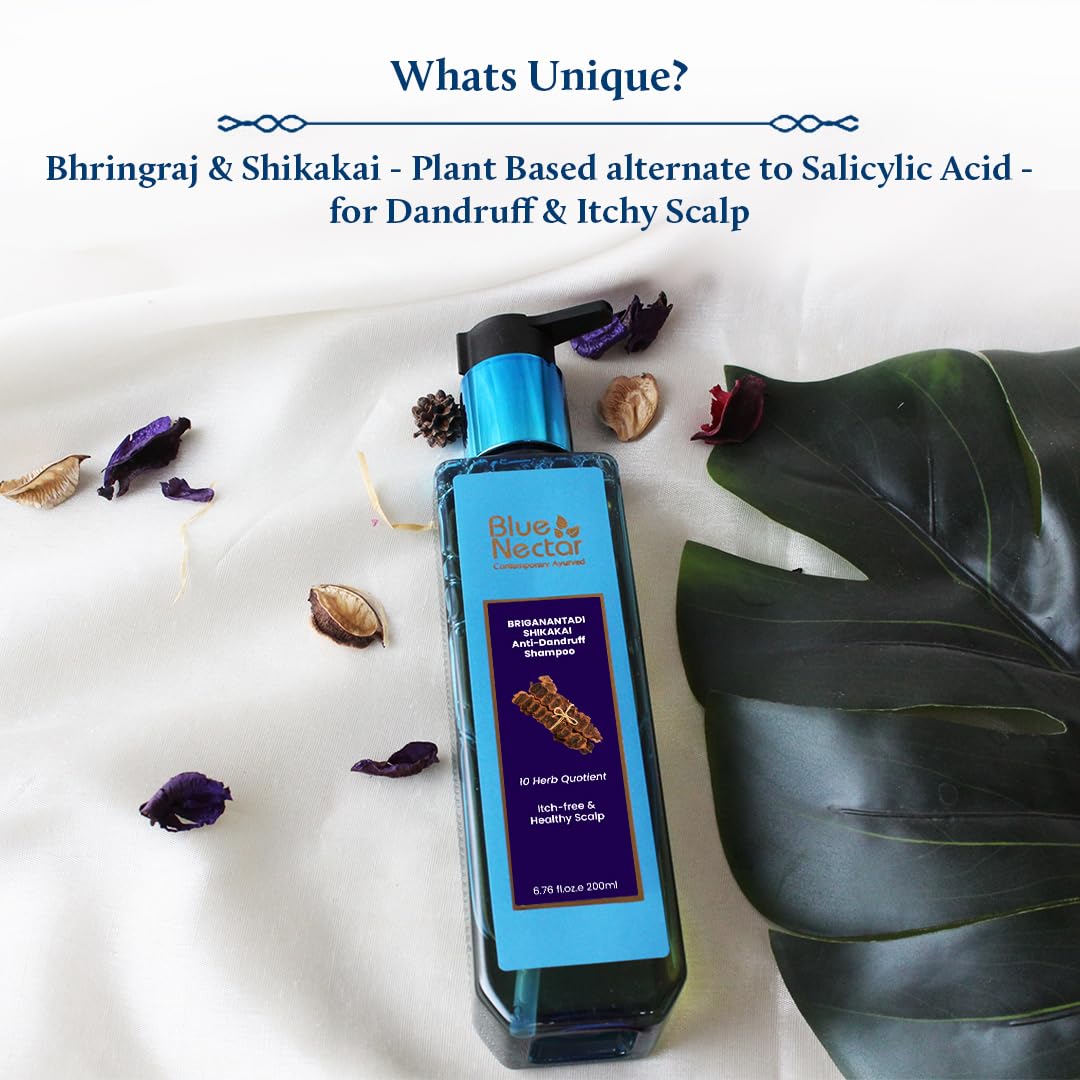 Blue Nectar Anti Dandruff and Healthy Scalp Hair Cleanser Shampoo with Bhringraj, Shikakai, Suitable for Colored Hair, Dry Frizzy Hair (200 ml)