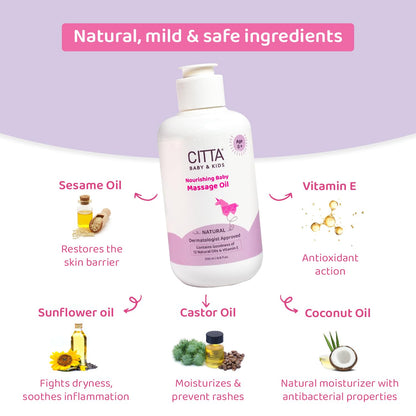 CITTA Baby Oil for Newborn Babies & Kids | Non-Sticky, Fragrance-Free, Easy Spread | Dermatologist Approved Nourishing & Moisturizing Formula for Sensitive Skin | Coconut, Olive & Almond Oils for Gentle Baby Massage | 200ml