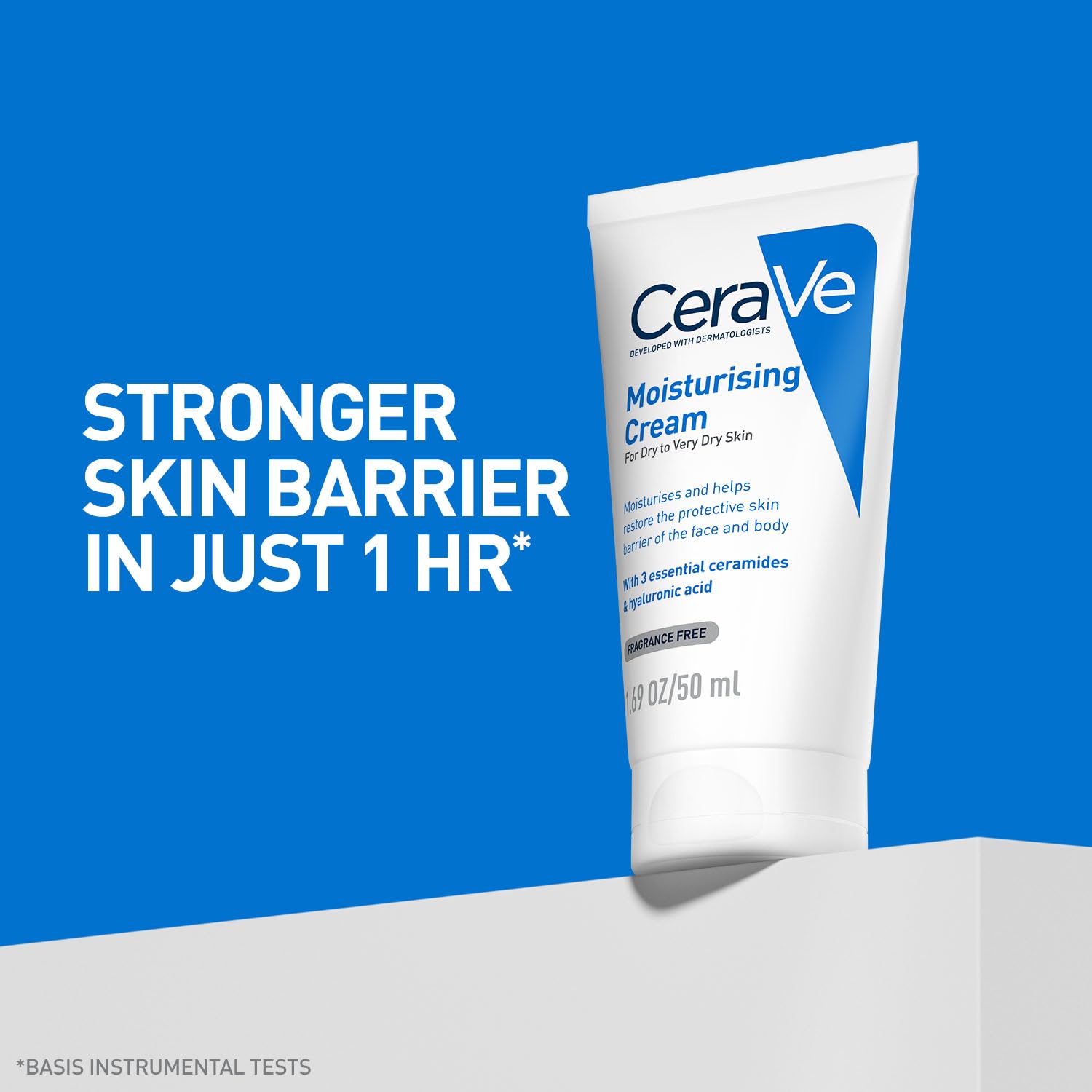 CeraVe moisturizing cream tube on a blue background with text about skin barrier strength.