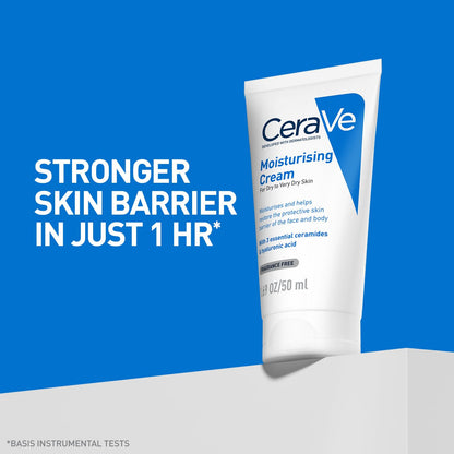 CeraVe moisturizing cream tube on a blue background with text about skin barrier strength.