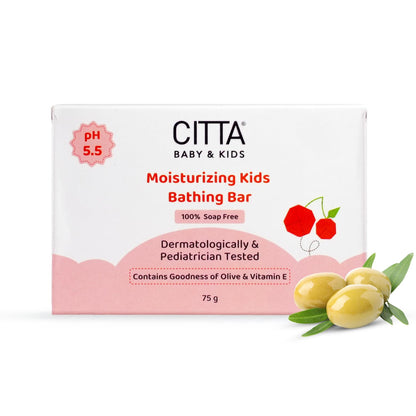 CITTA Bathing Bar for Babies & Kids | Soap-Free, No Tears | Dermatologist Approved pH Balanced Wash for Sensitive Skin | Olive Oil & Vitamin E for Soft & Glowing Skin | 75g |
