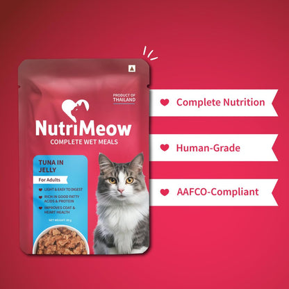 NutriMeow Tuna in Jelly Wet Food Pouch for Adult Cats - 80gm | High Protein, Nutritious & Tasty | Complete & Balanced Cat Meal | Healthy Food for Persian & All Breeds