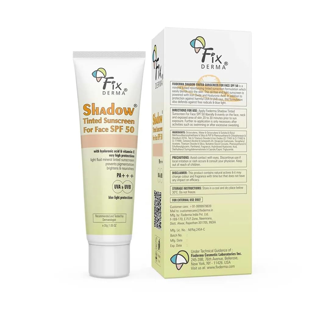 Fixderma Shadow Tinted Sunscreen SPF 50 PA+++ | Sunscreen with Vitamin E I Even Tone I Tinted Foundation Like Finish I UVA & UVB Protection | Lightweight, Broad Spectrum Protection I For All Skin Types - 30gm