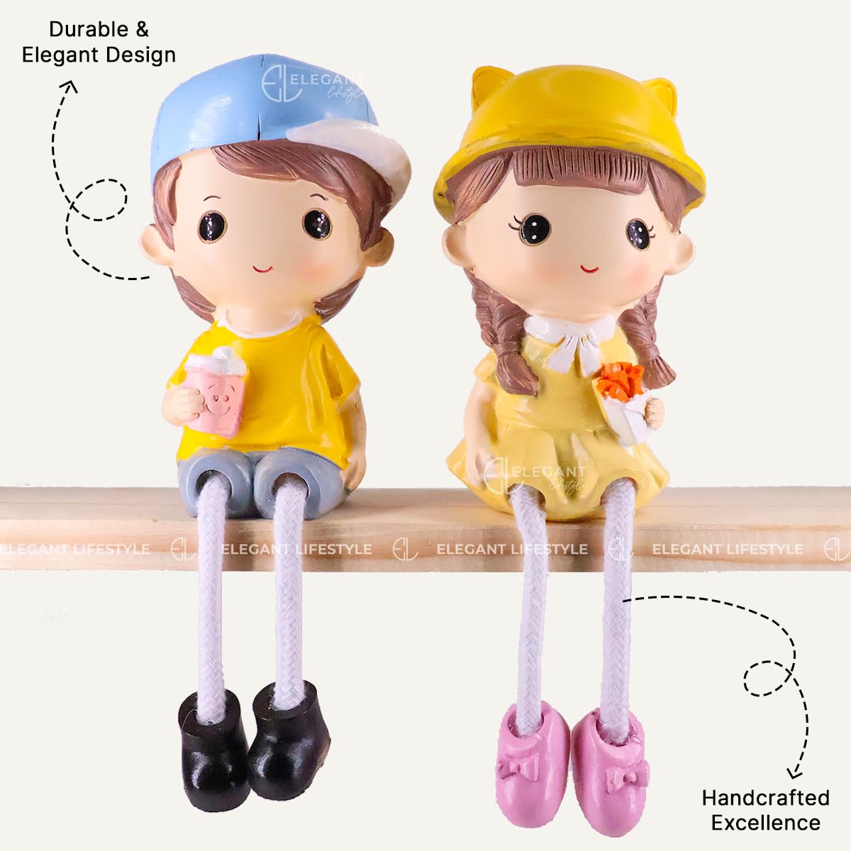 Kiss & Bouquet Gift Set Decorative Showpiece |Gift for him/her or Someone Special | Polyresin Couple Wearing Cute Caps Hanging Legs Showpiece - 2 Pcs Set