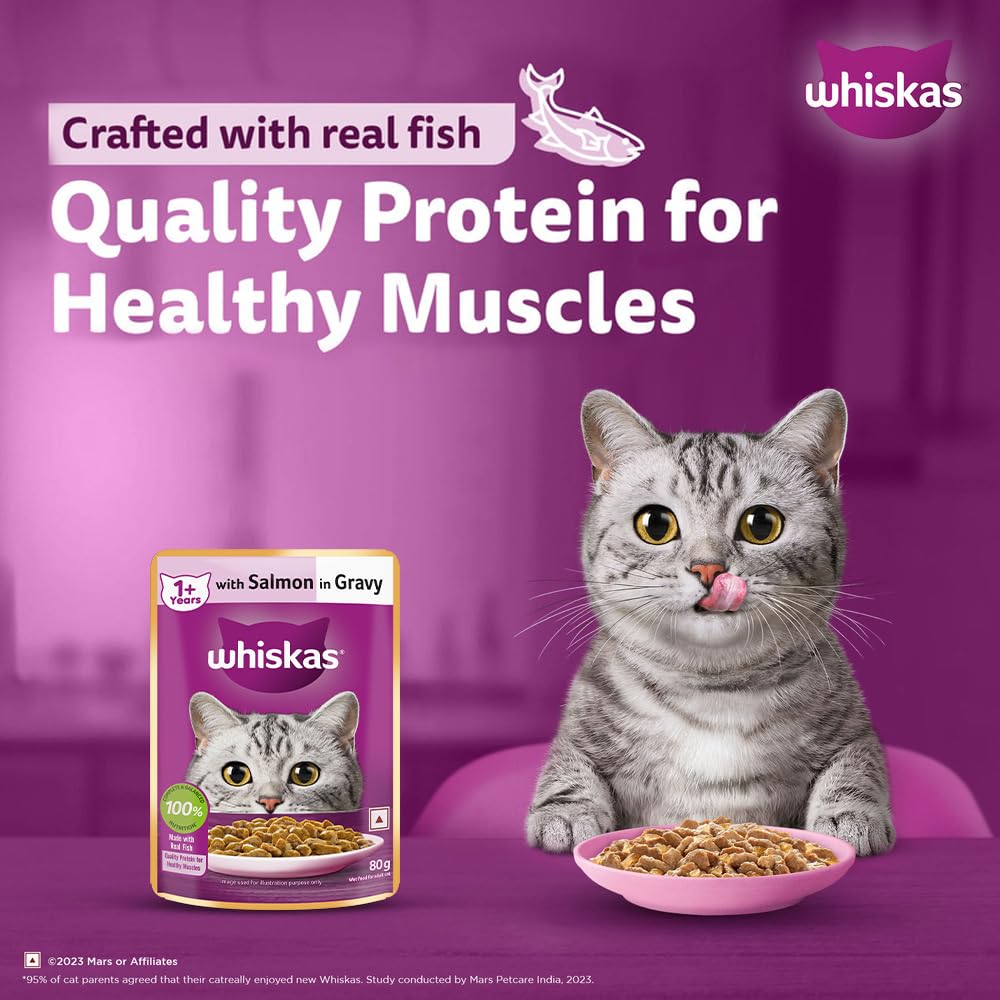 Whiskas Adult (1+ Years) Wet Cat Food, Salmon in Gravy, 80 g Hydrating Food Made With Real Fish, 100% Complete & Balanced Nutrition for Adult Cats
