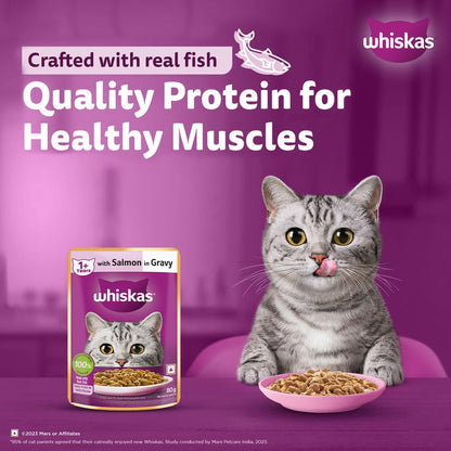 Whiskas Adult (1+ Years) Wet Cat Food, Salmon in Gravy, 80 g Hydrating Food Made With Real Fish, 100% Complete & Balanced Nutrition for Adult Cats