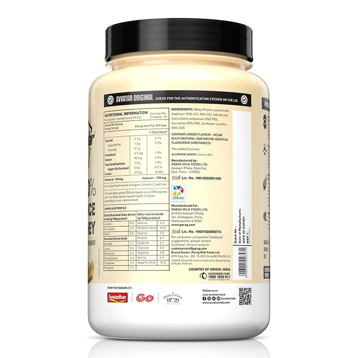 Container of protein powder with nutritional information label on a white background